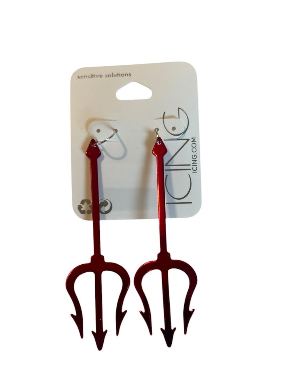 Icing Red Metallic Devil Pitchfork Drop Earrings NWT